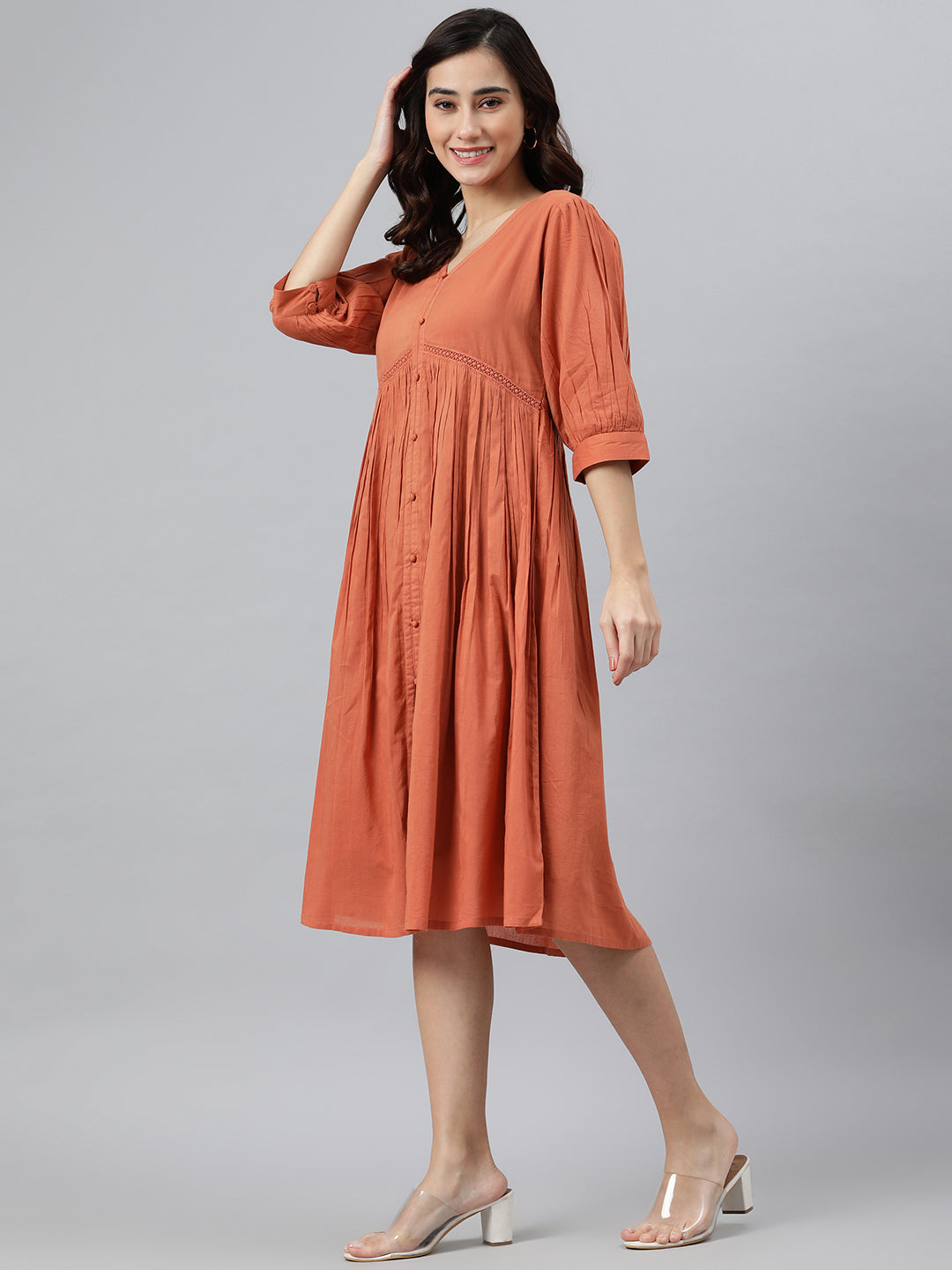 Janasya Women's Coral Orange Cotton Solid Flared Western Dress