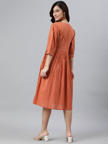 Janasya Women's Coral Orange Cotton Solid Flared Western Dress