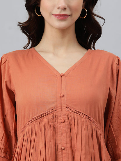 Janasya Women's Coral Orange Cotton Solid Flared Western Dress