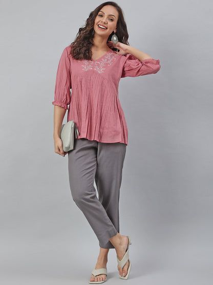 Janasya Women's Pink Cotton Embroidered Fit and Flared Top