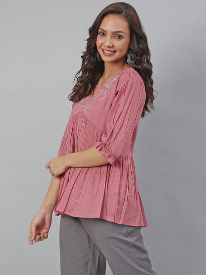 Janasya Women's Pink Cotton Embroidered Fit and Flared Top