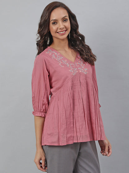 Janasya Women's Pink Cotton Embroidered Fit and Flared Top