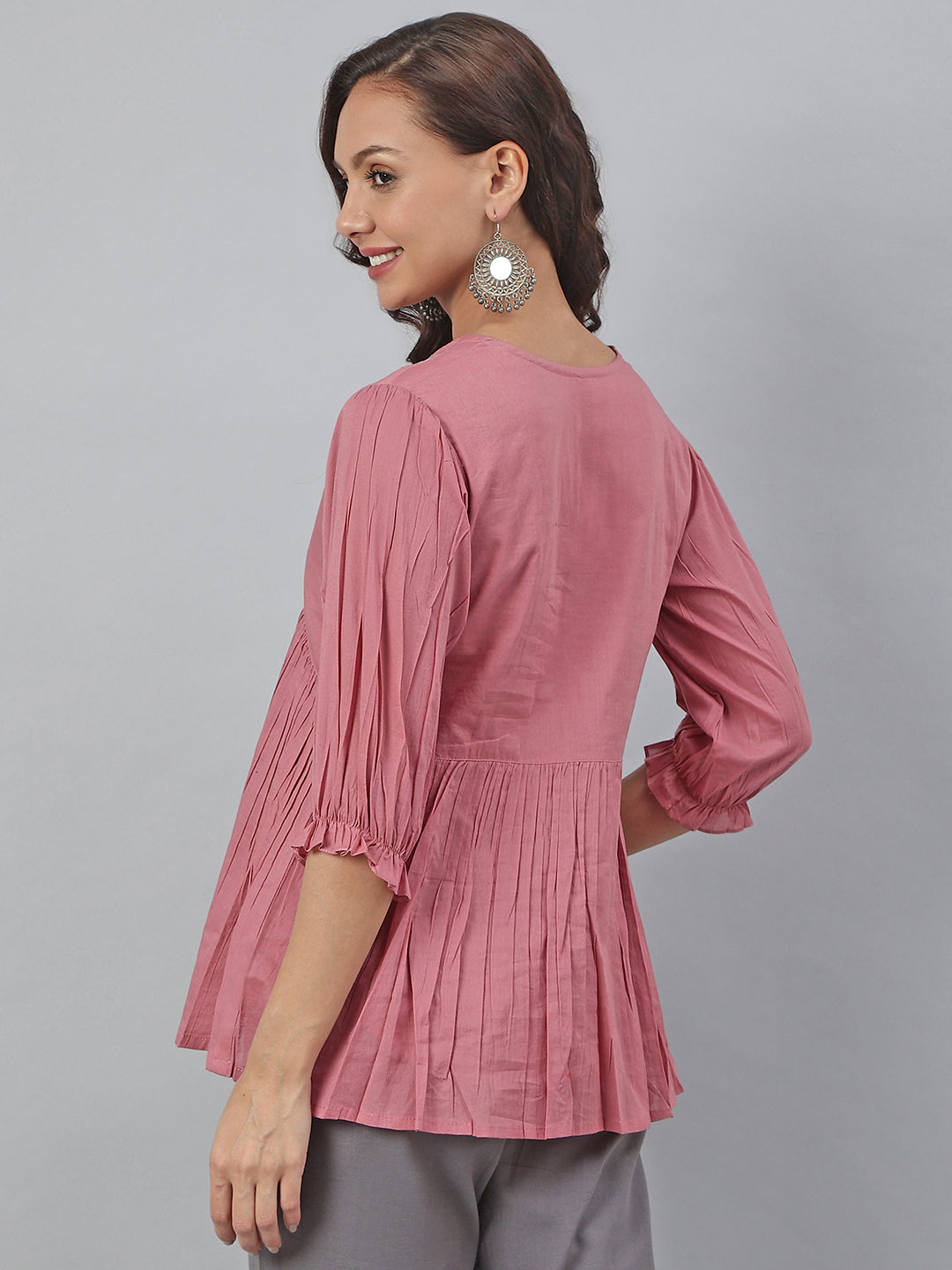 Janasya Women's Pink Cotton Embroidered Fit and Flared Top