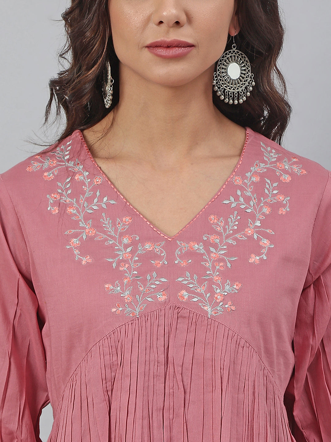 Janasya Women's Pink Cotton Embroidered Fit and Flared Top