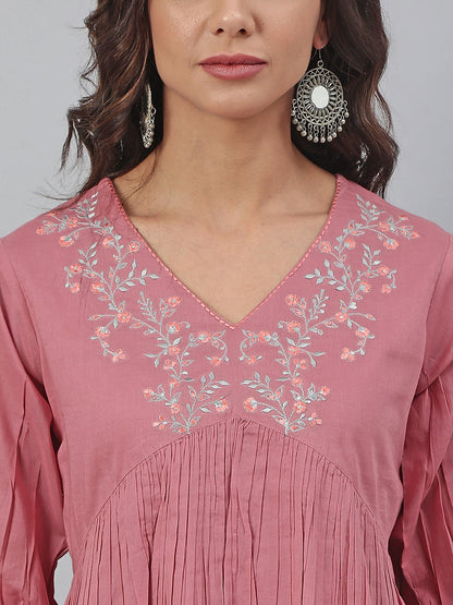 Janasya Women's Pink Cotton Embroidered Fit and Flared Top