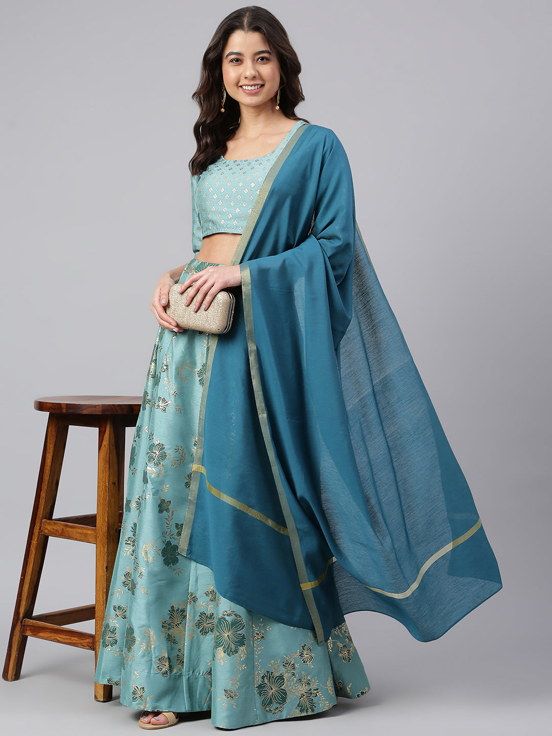 Janasya Women's Sea Green Poly Silk Gold Print Lehenga Choli With Dupatta