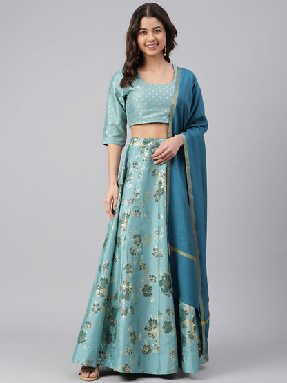 Janasya Women's Sea Green Poly Silk Gold Print Lehenga Choli With Dupatta