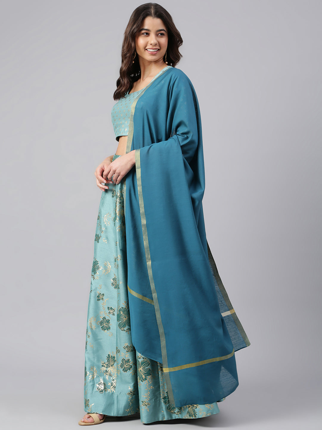 Janasya Women's Sea Green Poly Silk Gold Print Lehenga Choli With Dupatta