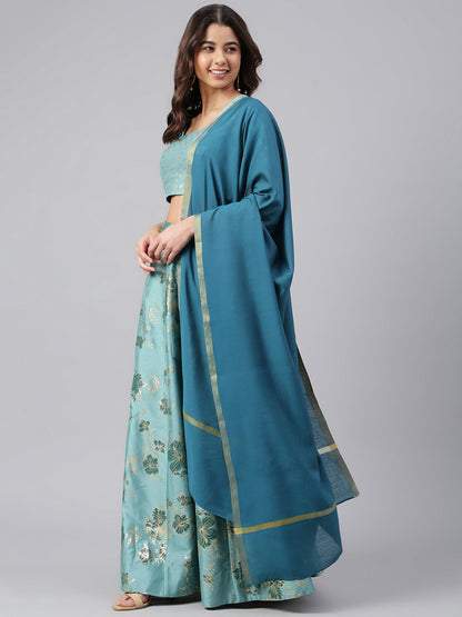 Janasya Women's Sea Green Poly Silk Gold Print Lehenga Choli With Dupatta