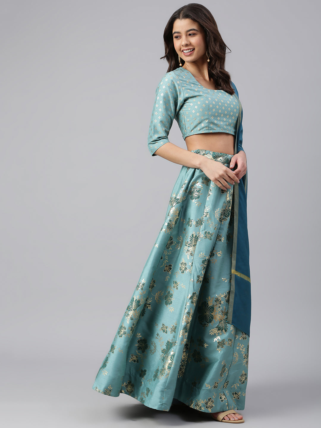 Janasya Women's Sea Green Poly Silk Gold Print Lehenga Choli With Dupatta
