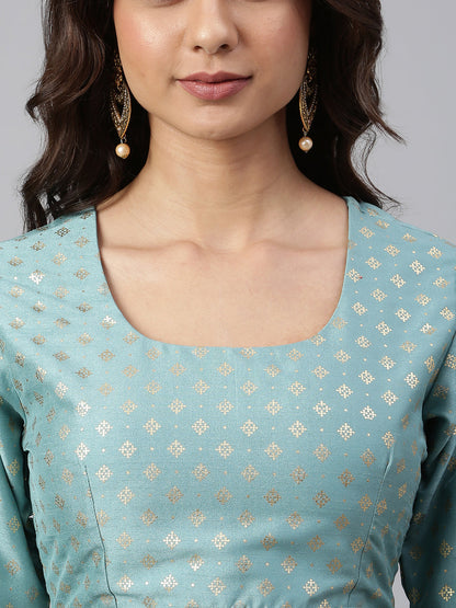 Janasya Women's Sea Green Poly Silk Gold Print Lehenga Choli With Dupatta