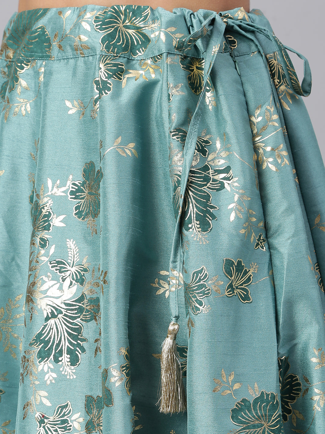 Janasya Women's Sea Green Poly Silk Gold Print Lehenga Choli With Dupatta