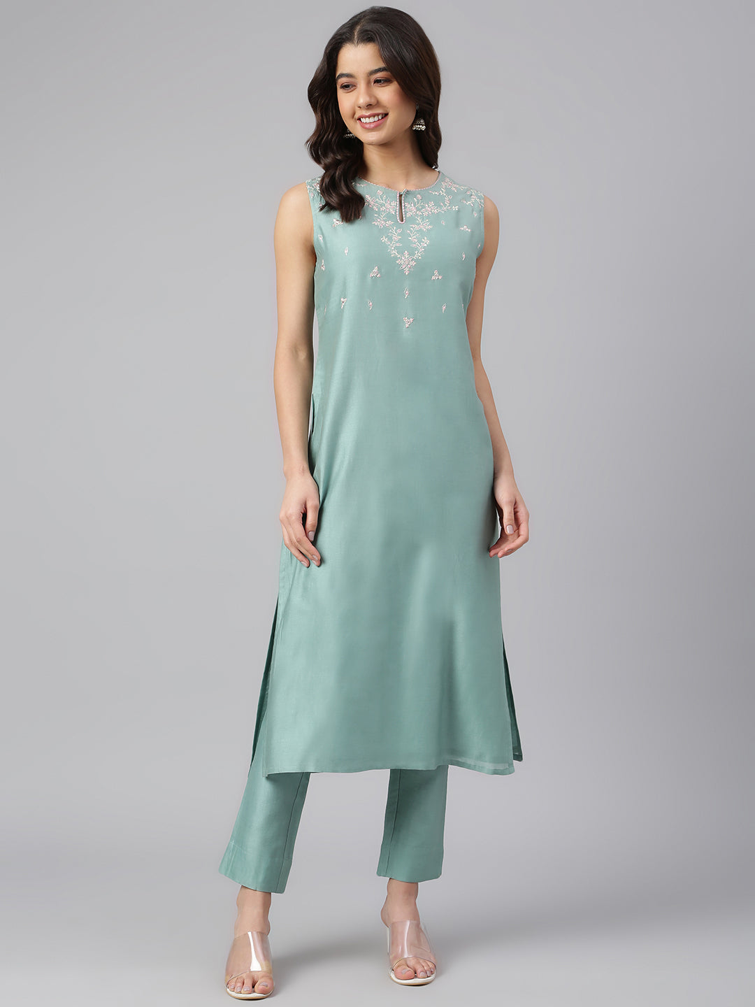 Janasya Women's Sea Green Chanderi Silk Solid Kurta With Pant