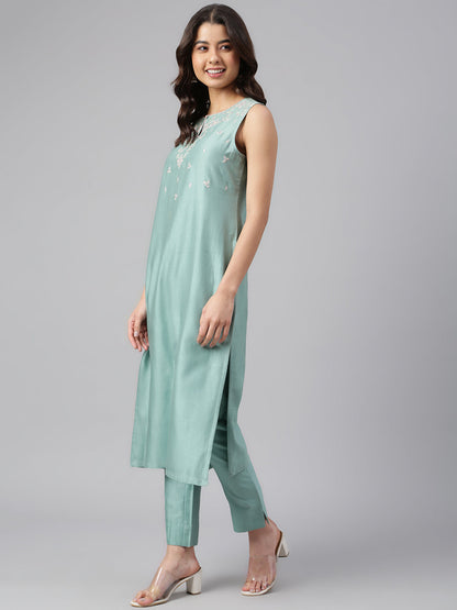 Janasya Women's Sea Green Chanderi Silk Solid Kurta With Pant