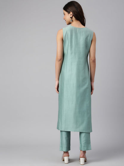 Janasya Women's Sea Green Chanderi Silk Solid Kurta With Pant