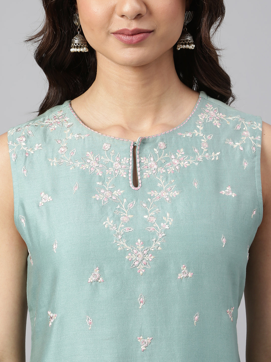 Janasya Women's Sea Green Chanderi Silk Solid Kurta With Pant