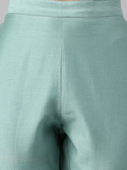 Janasya Women's Sea Green Chanderi Silk Solid Kurta With Pant