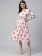 Janasya Women's Peach Georgette Floral Printed Flared Western Dress