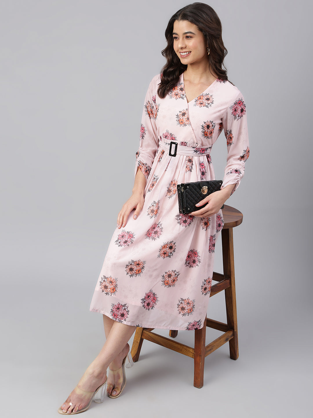 Janasya Women's Peach Georgette Floral Printed Flared Western Dress