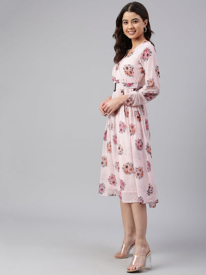Janasya Women's Peach Georgette Floral Printed Flared Western Dress