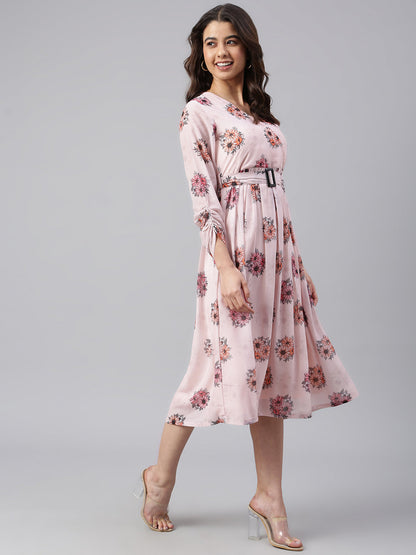 Janasya Women's Peach Georgette Floral Printed Flared Western Dress