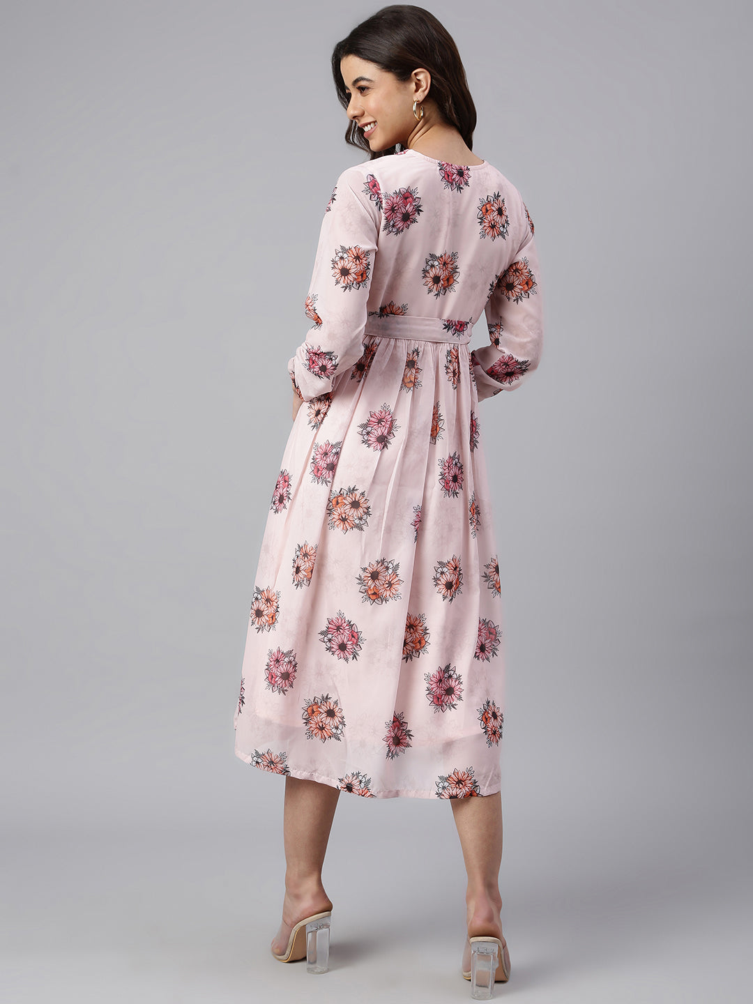 Janasya Women's Peach Georgette Floral Printed Flared Western Dress