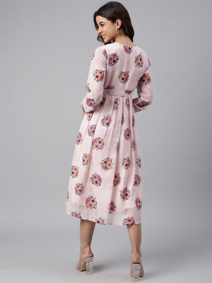 Janasya Women's Peach Georgette Floral Printed Flared Western Dress