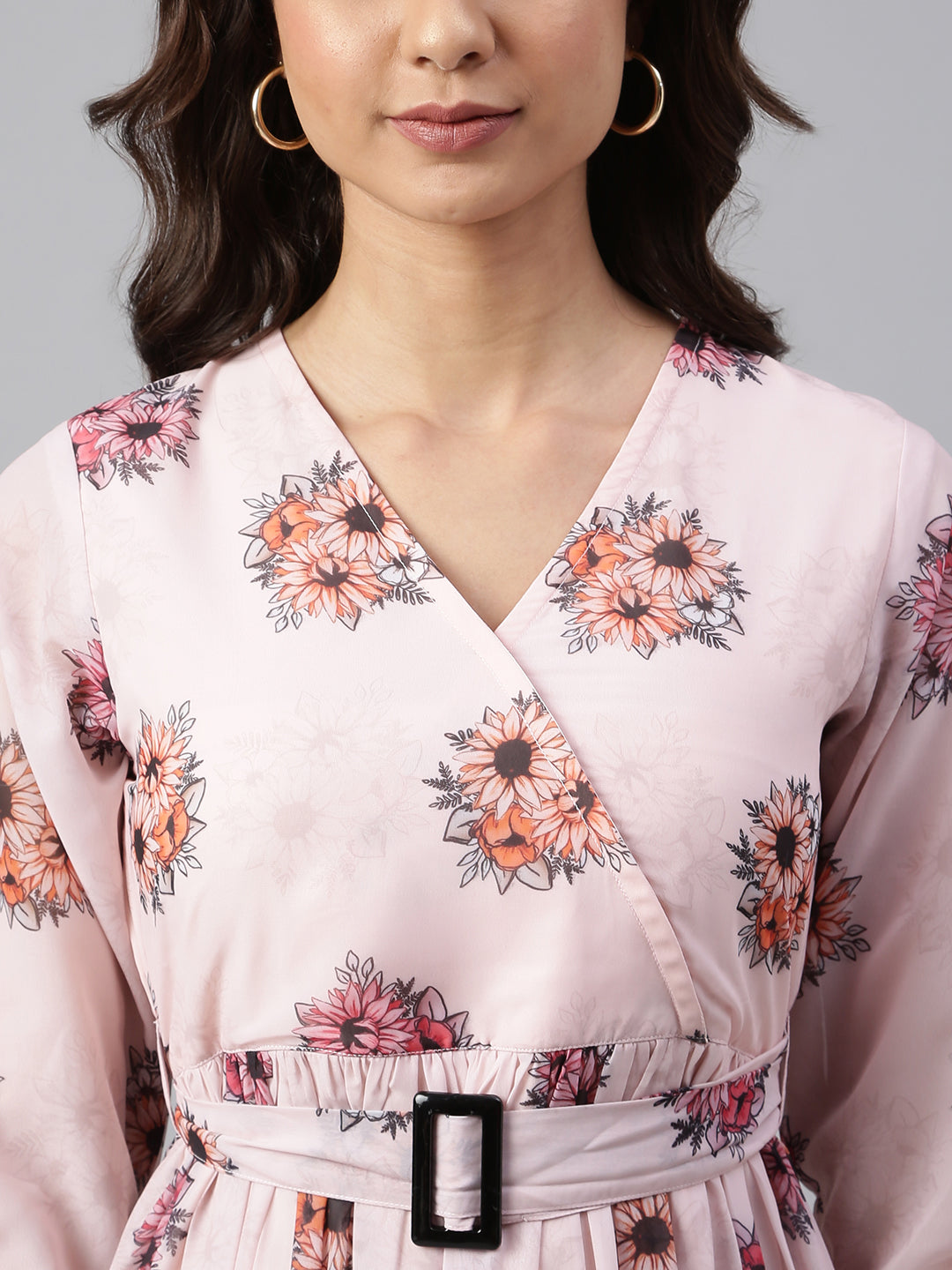 Janasya Women's Peach Georgette Floral Printed Flared Western Dress