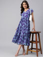 Janasya Women's Blue Georgette Printed Flared Western Dress