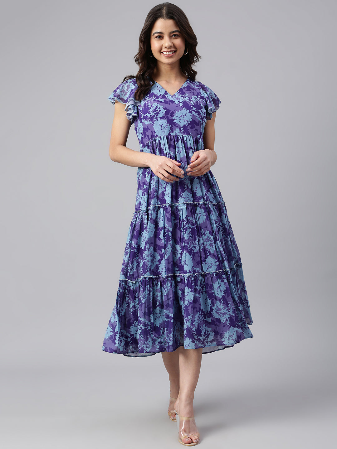 Janasya Women's Blue Georgette Printed Flared Western Dress