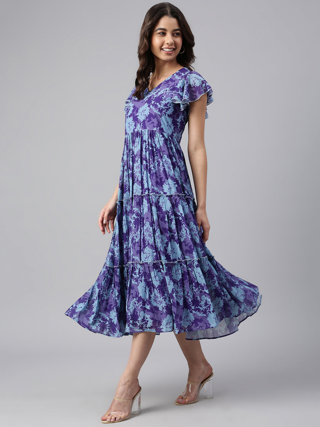 Janasya Women's Blue Georgette Printed Flared Western Dress