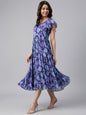 Janasya Women's Blue Georgette Printed Flared Western Dress