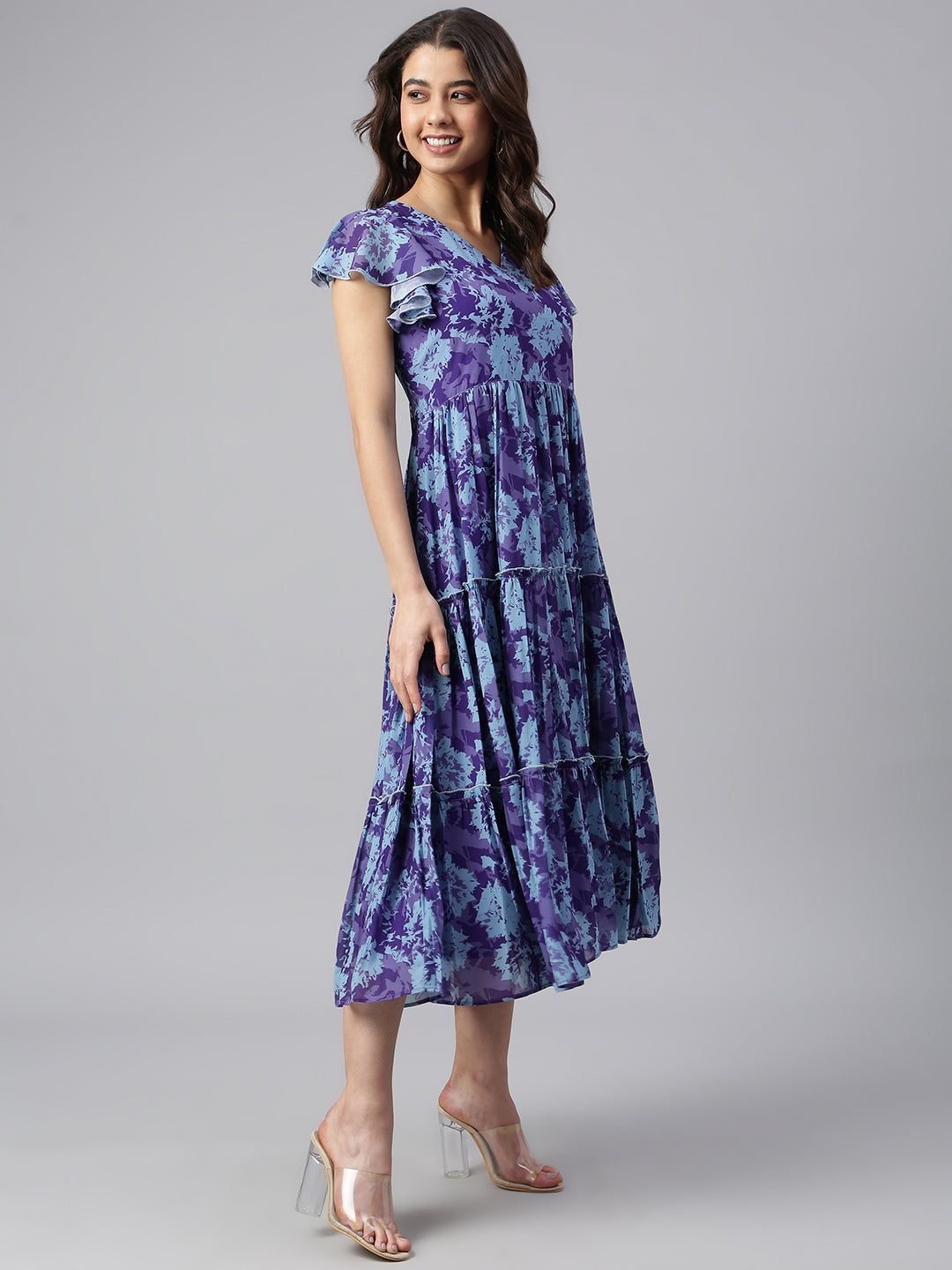 Janasya Women's Blue Georgette Printed Flared Western Dress