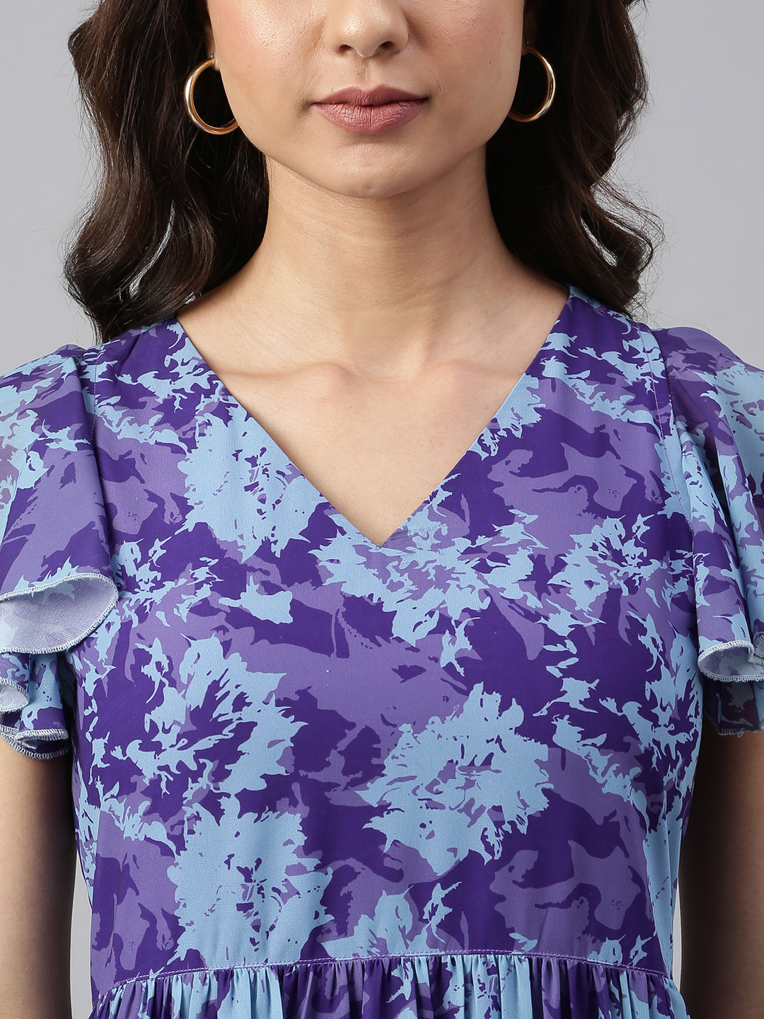 Janasya Women's Blue Georgette Printed Flared Western Dress