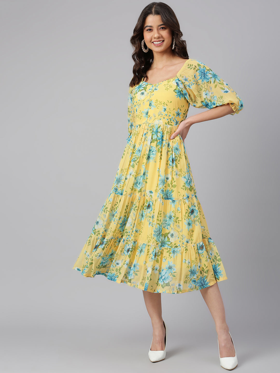 Janasya Women's Yellow Georgette Floral Printed Flared Western Dress