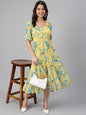 Janasya Women's Yellow Georgette Floral Printed Flared Western Dress