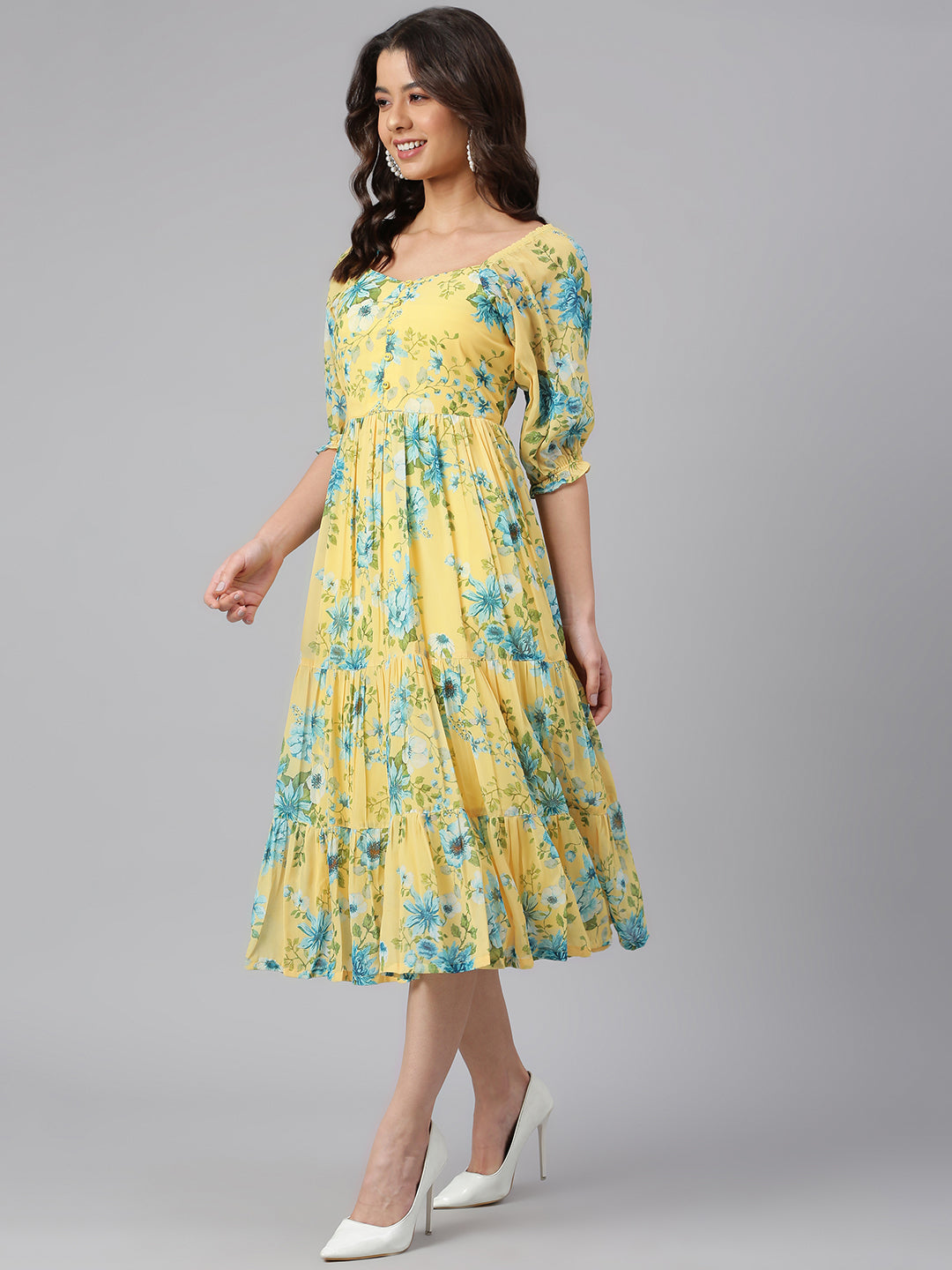 Janasya Women's Yellow Georgette Floral Printed Flared Western Dress