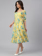 Janasya Women's Yellow Georgette Floral Printed Flared Western Dress