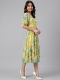 Janasya Women's Yellow Georgette Floral Printed Flared Western Dress