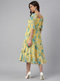 Janasya Women's Yellow Georgette Floral Printed Flared Western Dress