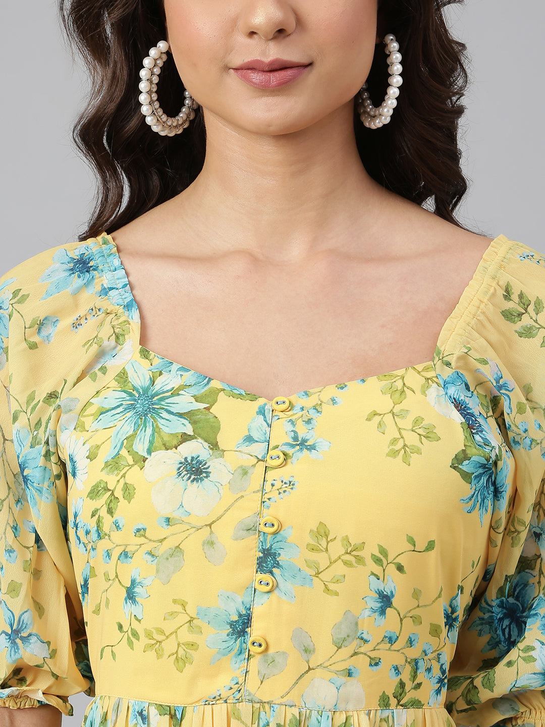 Janasya Women's Yellow Georgette Floral Printed Flared Western Dress