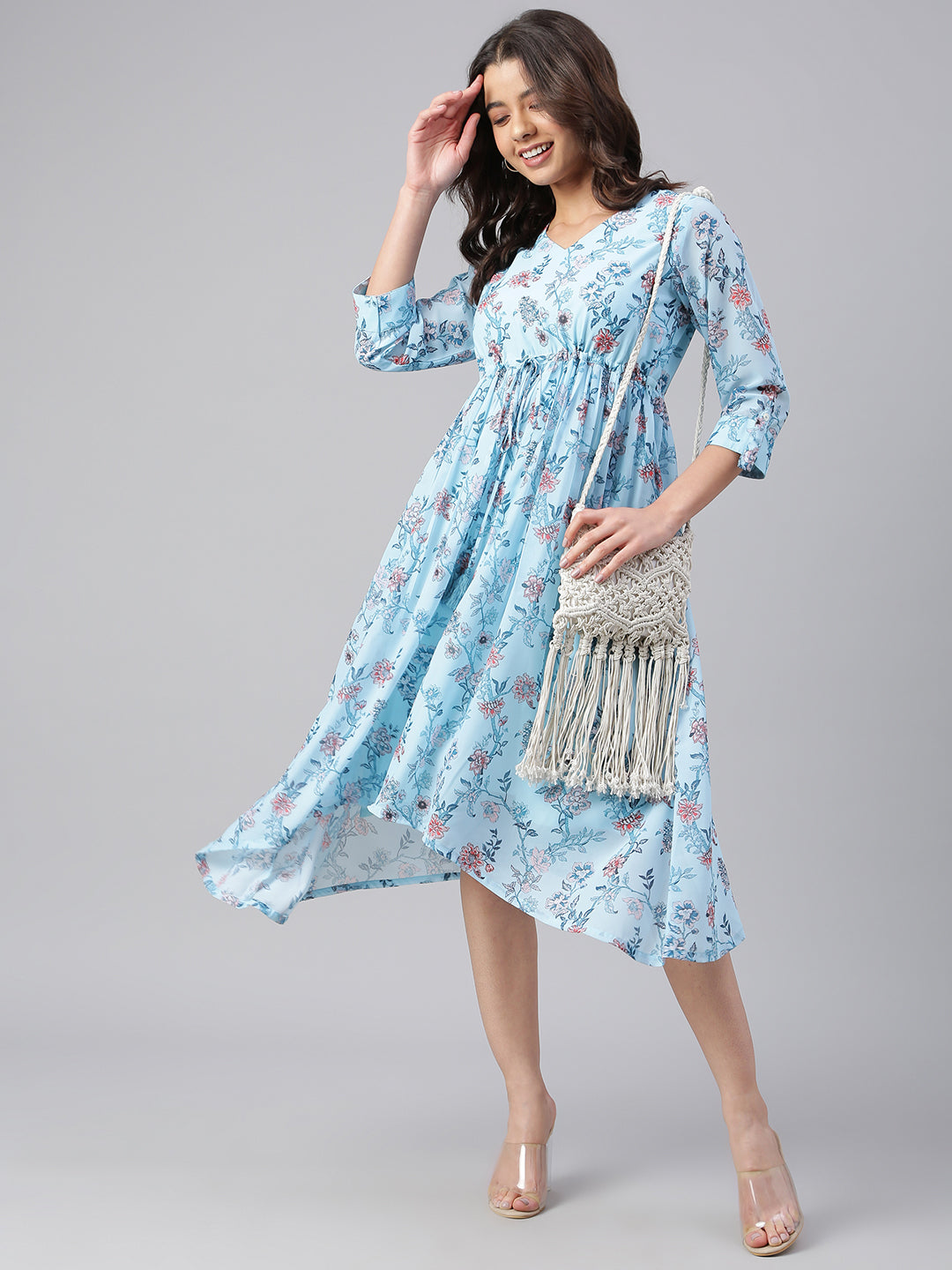 Janasya Women's Sky Blue Georgette Floral Printed Asymmetric Western Dress