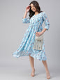 Janasya Women's Sky Blue Georgette Floral Printed Asymmetric Western Dress