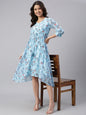 Janasya Women's Sky Blue Georgette Floral Printed Asymmetric Western Dress