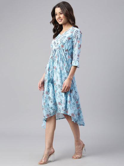 Janasya Women's Sky Blue Georgette Floral Printed Asymmetric Western Dress