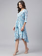 Janasya Women's Sky Blue Georgette Floral Printed Asymmetric Western Dress