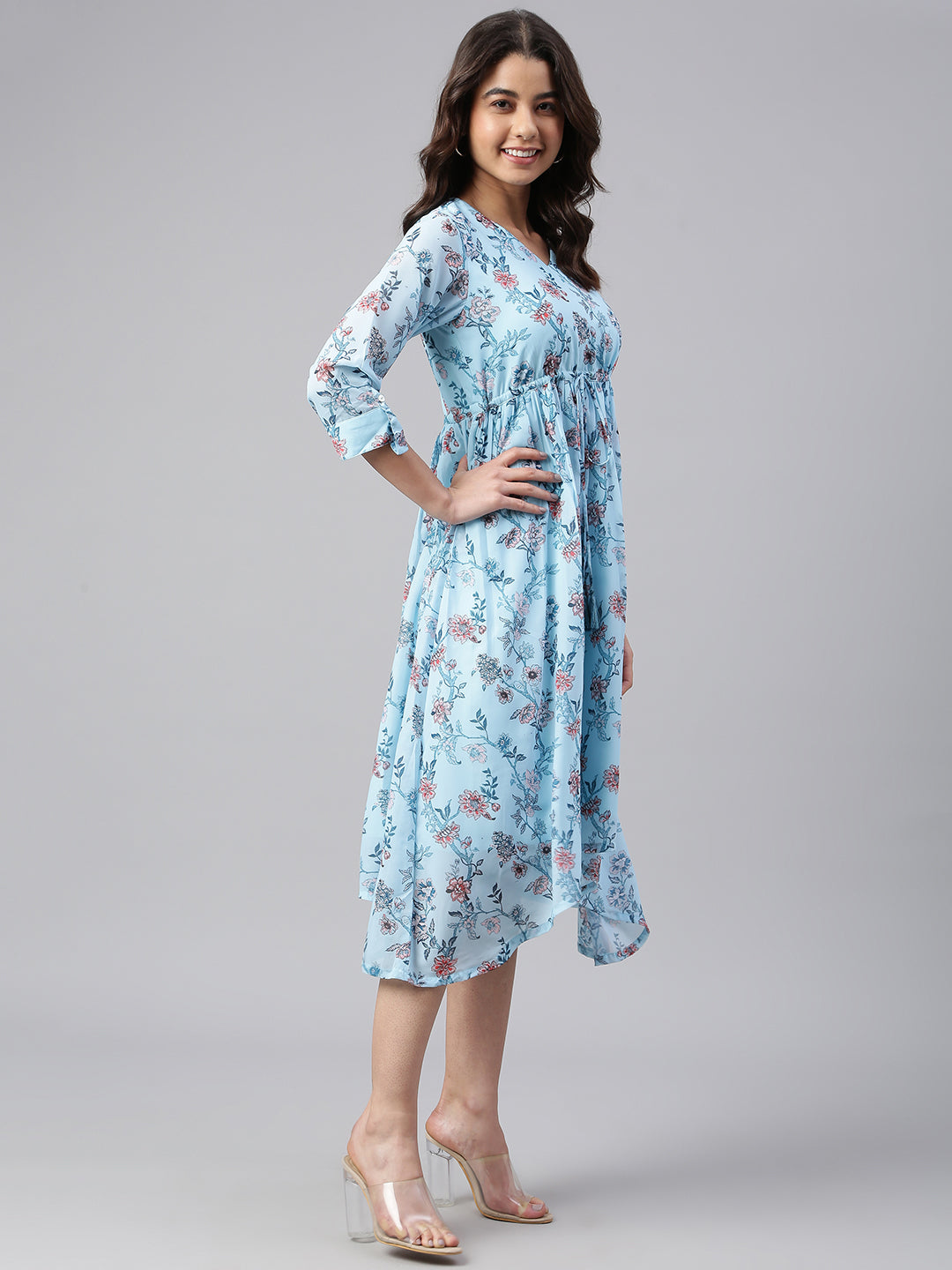 Janasya Women's Sky Blue Georgette Floral Printed Asymmetric Western Dress