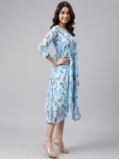 Janasya Women's Sky Blue Georgette Floral Printed Asymmetric Western Dress
