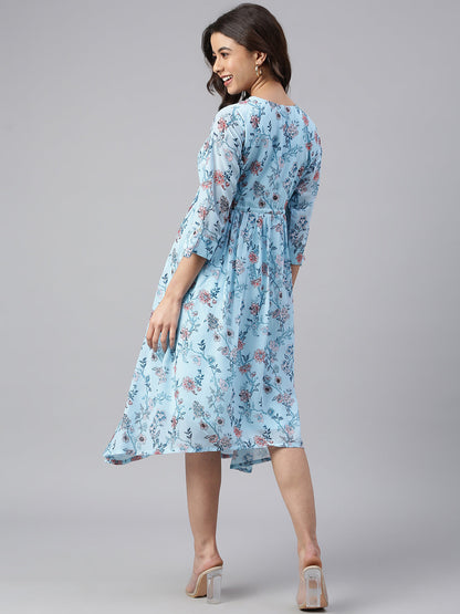 Janasya Women's Sky Blue Georgette Floral Printed Asymmetric Western Dress