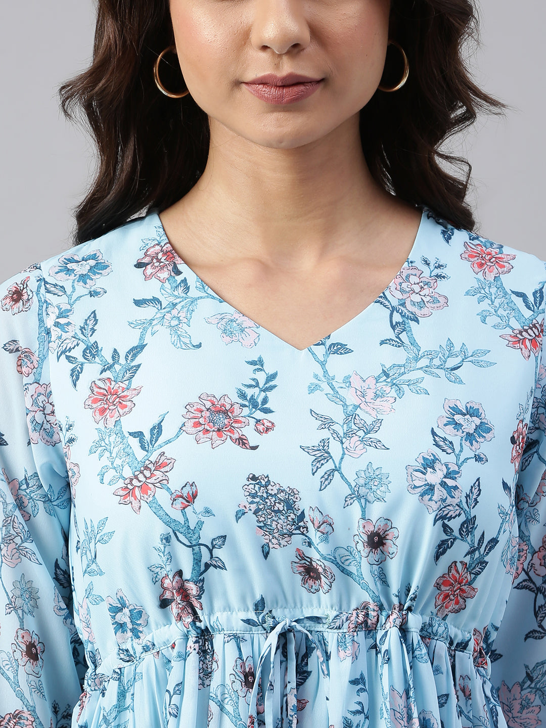 Janasya Women's Sky Blue Georgette Floral Printed Asymmetric Western Dress